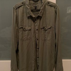 Green button down top with pockets.